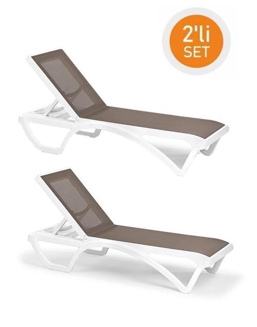SY-2534 Beyaz-Kahve Royal Fileli Lüks Şezlong 2'li Set
