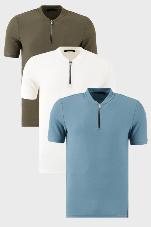 Pamuklu Regular Fit Yarım Fermuarlı Kolej Yaka 3'lü Paket Erkek T Shirt 5902653S3 Beyaz-Haki-Mavi