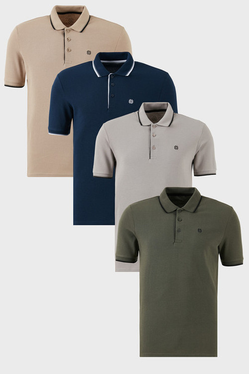 Pamuklu Slim Fit Şerit Detaylı Düğmeli Polo Yaka 4'lü Paket Erkek T Shirt 5902118S4 Haki-İndigo-Taş-Vizon