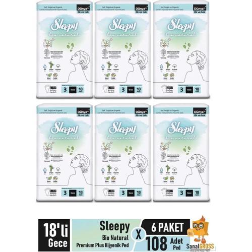 Bio Natural Premium Plus Hijyenik Ped 18'li Gece x 6 Paket