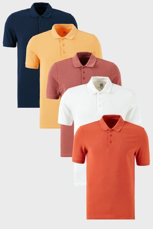 Pamuklu Regular Fit Düğmeli Polo Yaka 5'li Paket Erkek T Shirt 5902127S5 Beyaz-Hardal-İndigo-Tarçın-Gül