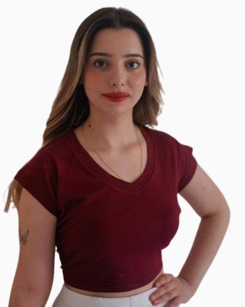 V Yaka Kolsuz Crop Basic T-Shirt