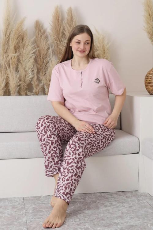 Kadın Büyük Beden Düğme Yaka Penye Kısa Kol İnce Pijama Takımı P146 - 1 Adet