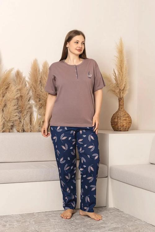 Kadın Büyük Beden Düğme Yaka Penye Likralı Kısa Kol İnce Pijama Takımı P284 - 1 Adet
