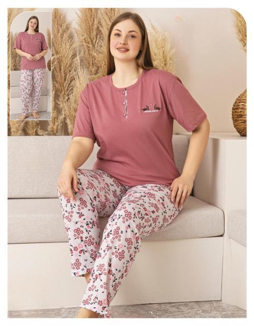 Kadın Büyük Beden Düğme Yaka Penye Kısa Kol İnce Pijama Takımı P134 - 1 Adet