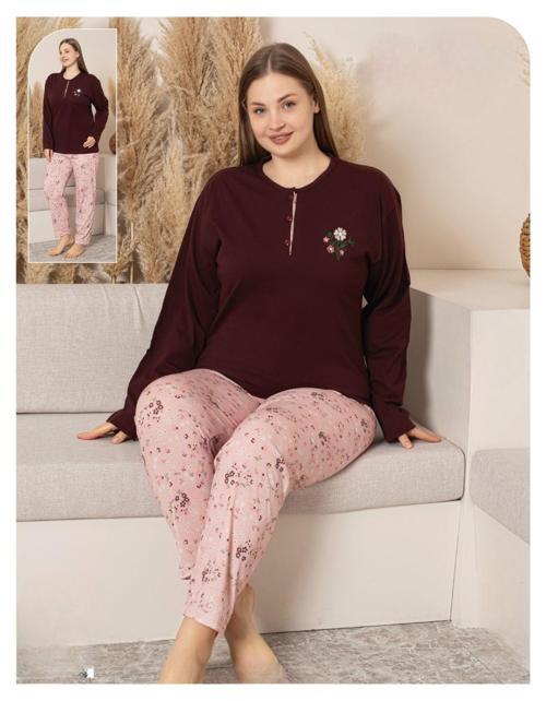 Kadın Büyük Beden Düğme Yaka Penye Uzun Kol İnce Pijama Takımı A600-492 - 1 Adet