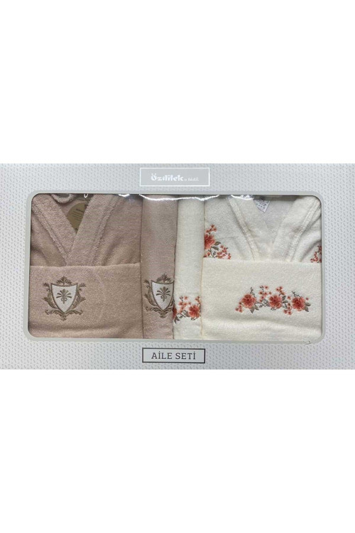 Unisex Krem Bej Cheerful Aile Bornoz Seti 6363