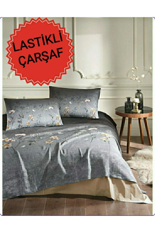 Çift Kişilik Çarşafı Lastikli Nevresim Takımı Ramas Secas Gri