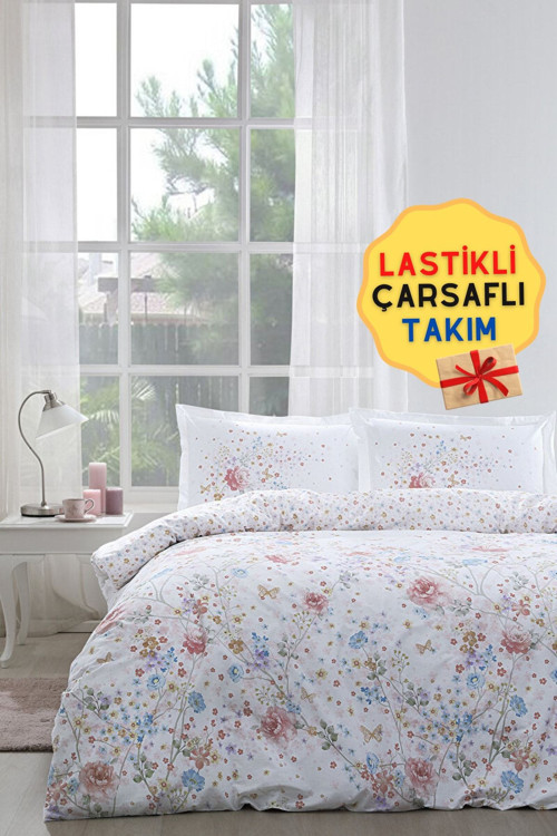 Visterya Lastikli Çarşaflı Çift Kişilik Nevresim Takımı Beyaz