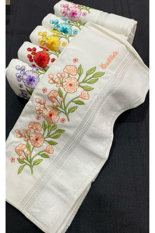 6 Adet Nakışlı 50X90 Cm Çeyizlik El Yüz Havlusu