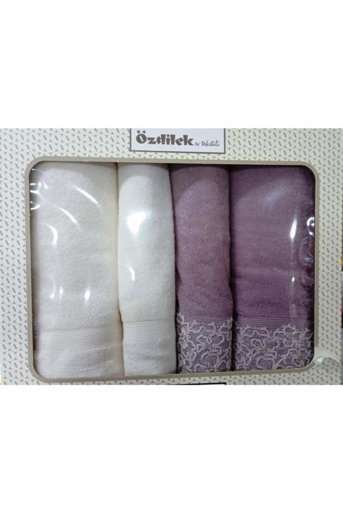 4 Parça Best Hamam Seti, Banyo Havlu Tk-Begonvil Krem Mürdüm
