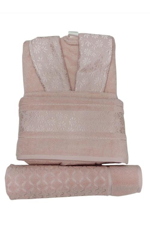 3'Lü Bornoz Seti ( Bornoz + Baş Havlusu + Ayak Havlusu ) Pembe