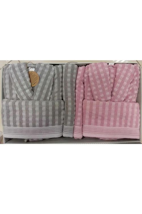 Plus Aile Bornoz Seti ( 6 Parça ) Gri-Pembe