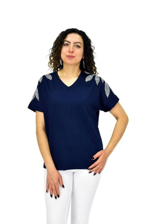 Kadın Yarım Kol V Yaka Taşlı Likralı Tişöt  BGL-ST04654