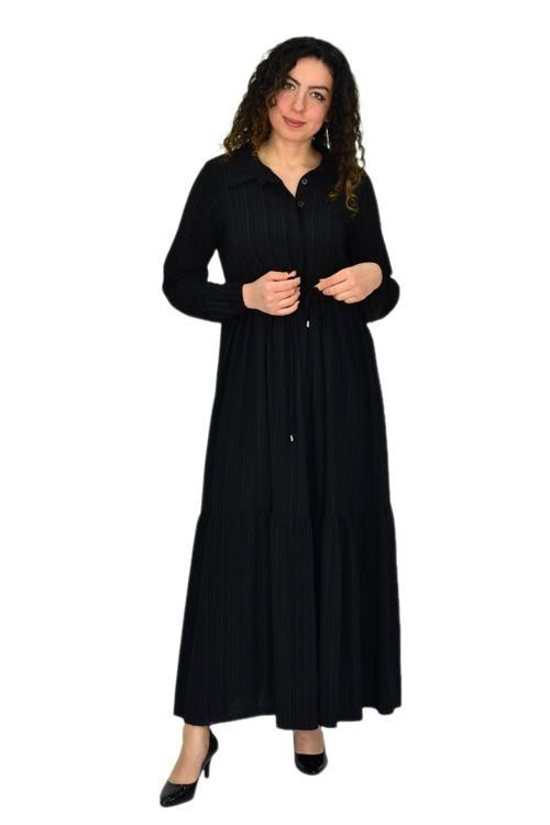 Kadın Uzun Kol Lastikli Kabartma Çizgili Elbise BGL-ST04676