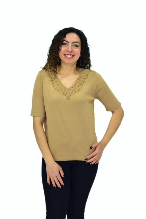 Kadın Yarım Kol V Yaka Yaka Sırt Detaylı Triko Tişöt 12835 BGL-ST04657