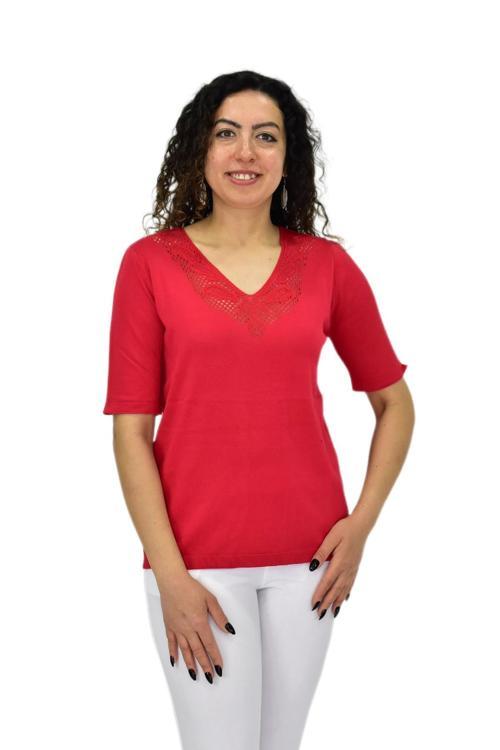 Kadın Yarım Kol V Yaka Yaka Sırt Detaylı Triko Tişöt 12837 BGL-ST04658