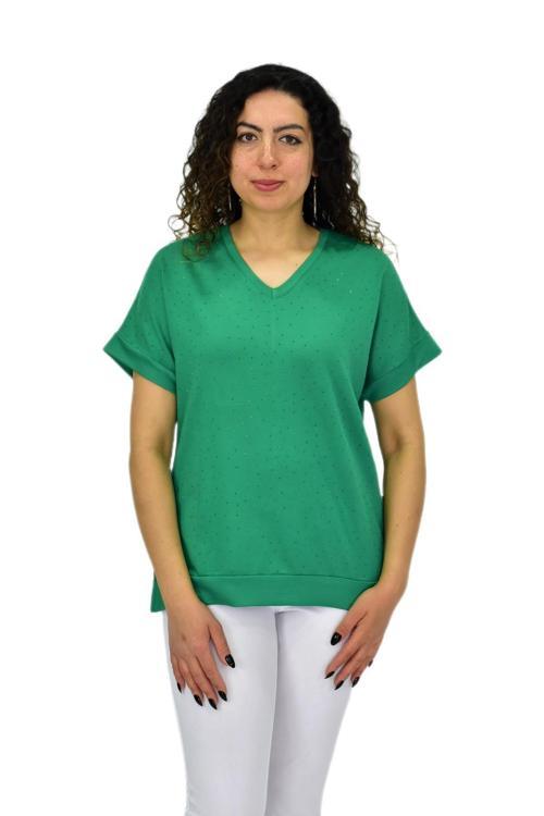 Kadın Yarım Kol V Yaka Taşlı Likralı Tişöt  BGL-ST04653