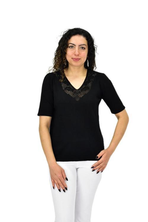 Kadın Yarım Kol V Yaka Yaka Sırt Detaylı Triko Tişöt 12835 BGL-ST04657