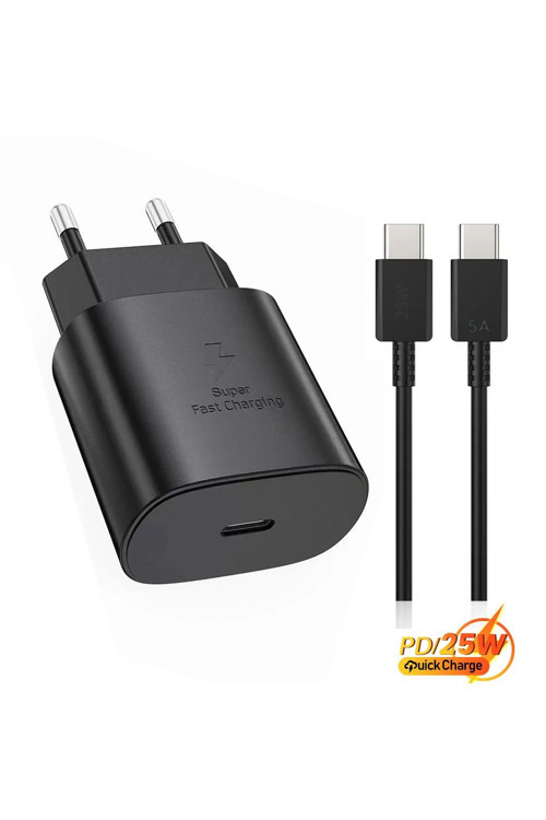 25 Watt Samsung Xiaomi Android Uyumlu Usb-C To Usb-C Kablolu Siyah Hızlı Şarj Seti