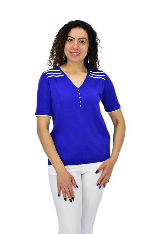 Kadın Yarım Kol V Yaka Taşlı Triko Tişöt 12857 BGL-ST04656