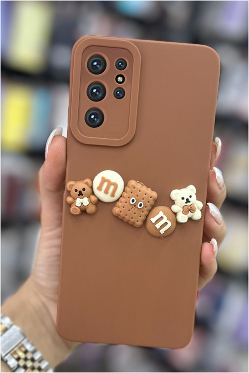 Galaxy S21 Ultra Uyumlu Kamera Korumalı Soft Dokulu 3D Ayıcık Ve Bisküvi Kılıf Bear Kapak
