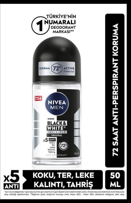 Men Erkek Roll On Deodorant Black&white Invisible Original 50ml, 72 Saat Anti-perspirant Koruma