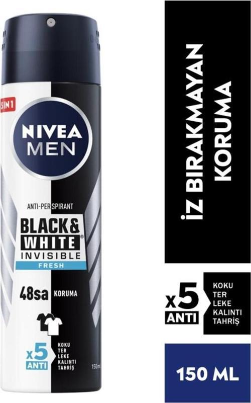 Men Erkek Sprey Deodorant Black&white Invisible Fresh 150ml, 48 Saat Anti-perspirant Ter Koruması