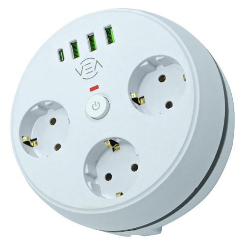 VE-26583 3'LÜ 1.5 Metre Kablolu 3 USB / TYPE-C Girişli Akım Korumalı Grup Priz