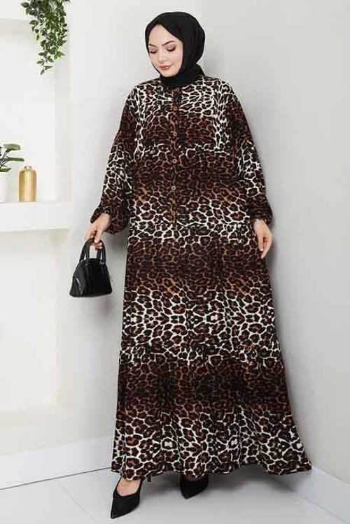 Desenli Düğmeli Elbise Leopar - 27264