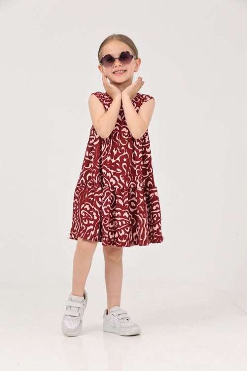 Kız Çocuk Bordo Desenli Elbise - 27214