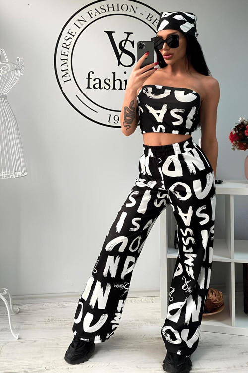 3' Lü Bandanalı Straplez Crop Ve Geniş Paça Pantalon Siyah Yazılı M