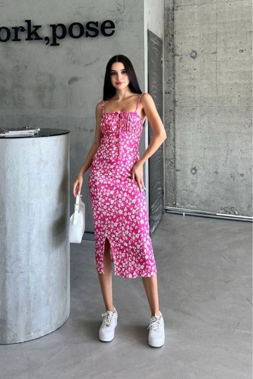 Askılı Raporlu Kaşkorse Kumaş Desenli Midi Elbise Pembe S