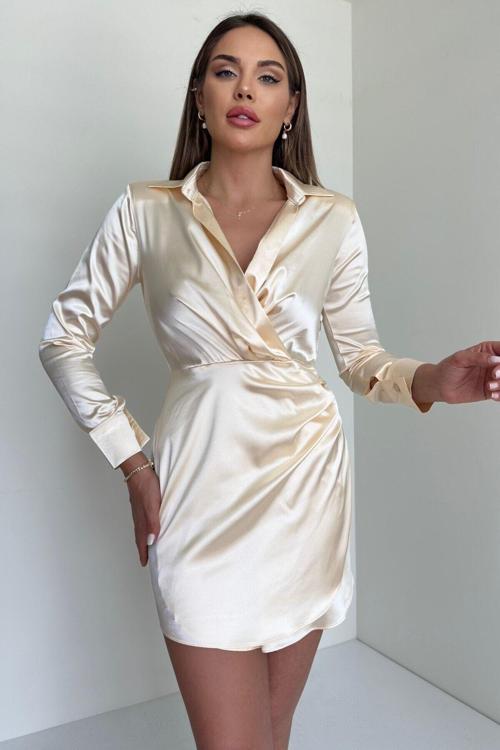 Saten Vatkalı Gömlek Elbise Sarı L