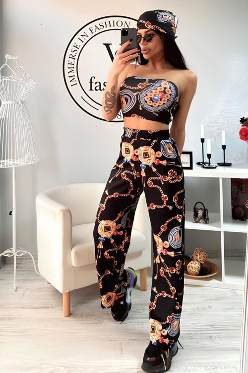 3' Lü Bandanalı Straplez Crop Ve Geniş Paça Pantalon Siyah Mücevher S