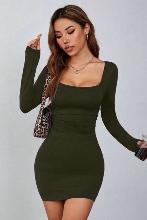 Haki Kare Yaka Uzun Kollu Likralı Mini Elbise ( Mevsimlik Ve Kışlık ) Haki L
