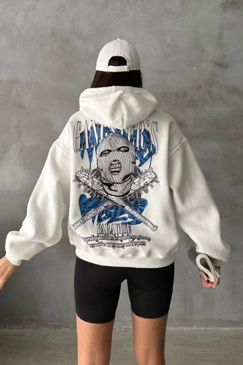 Kadın Şapkalı Üç İplik Şardonlu Oversize Kalıp Desenli Sweatshirt Beyaz M
