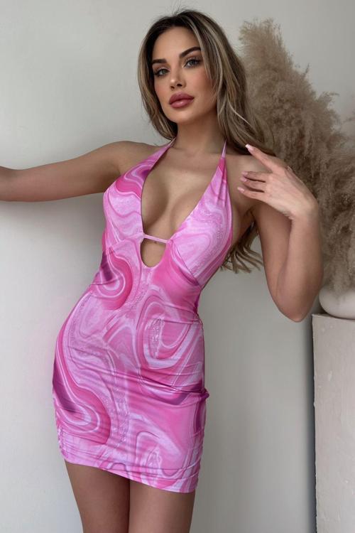 Desenli Askılı Göğüs Dekolteli Elbise Pembe L