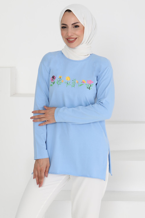 Kadın Bisiklet Yaka Çiçek Baskılı Tunik Bebe Mavi - 27197