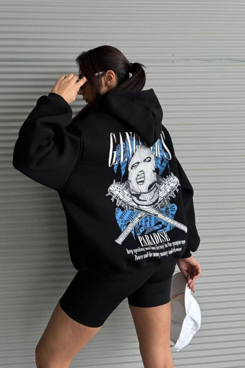 Kadın Şapkalı Üç İplik Şardonlu Oversize Kalıp Desenli Sweatshirt Siyah S