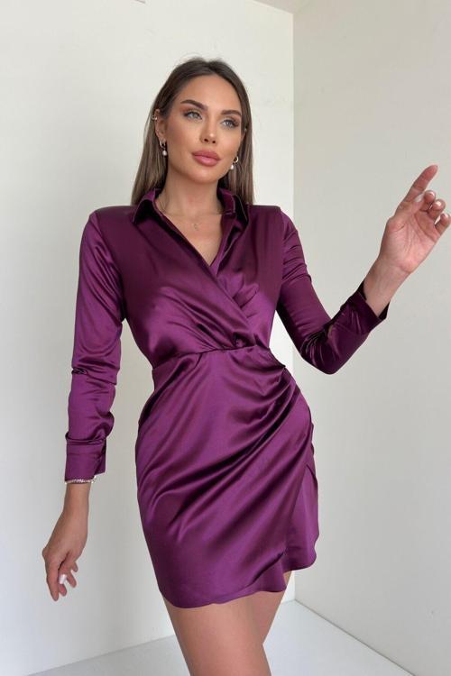 Saten Vatkalı Gömlek Elbise Mürdüm S