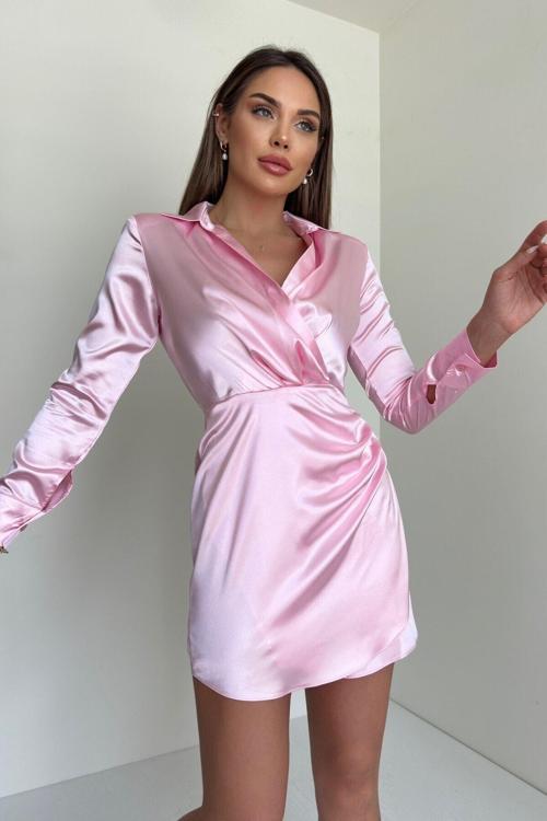 Saten Vatkalı Gömlek Elbise Pembe L