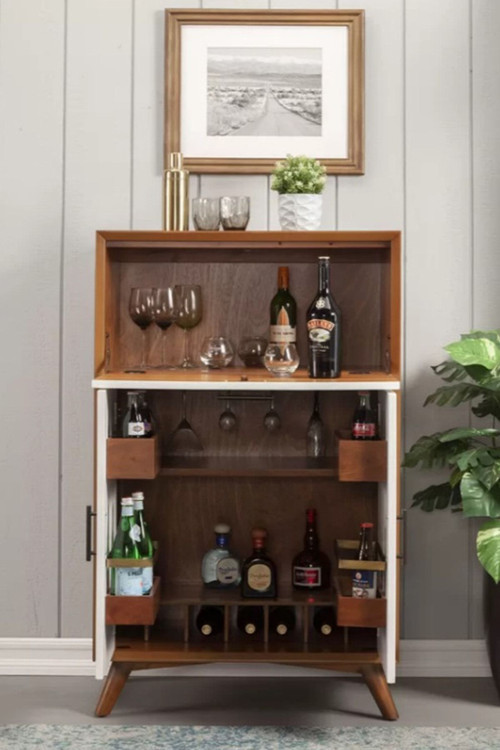 Geniş Saklama Alanlı Ahşap Bar Dolabı-Şaraplık-Bardaklık-130Cm