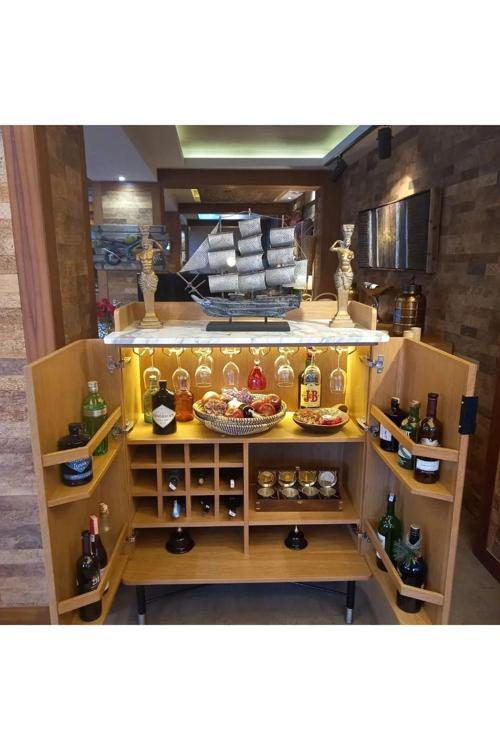 Lüks Ahşap Bar Dolabı Mermer Detaylı Özel Aydınlatmalı Ve Şişelikli