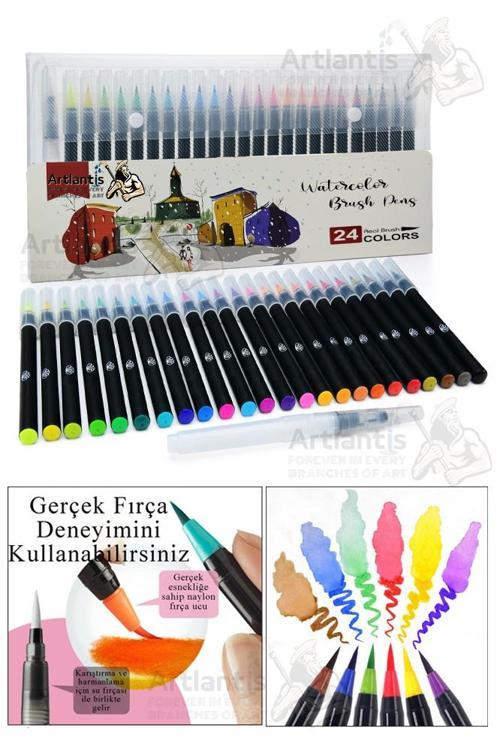 24 Renk Sulu Boya Fırça Uçlu Kalem 1 Paket 24 lü Watercolors Brush Pen Suluboya Keçe Uçlu Karıştırma Fırçası