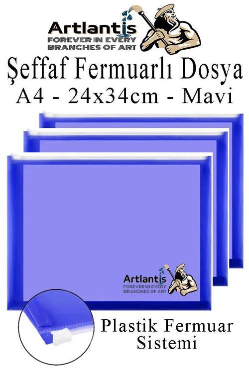 A4 Şeffaf Fermuarlı Dosya Mavi 3 Adet Pvc Fermuarlı Evrak Dosyası 24x34cm Çıtçıtlı Belge Evrak Dosyası Ofis Büro Okul