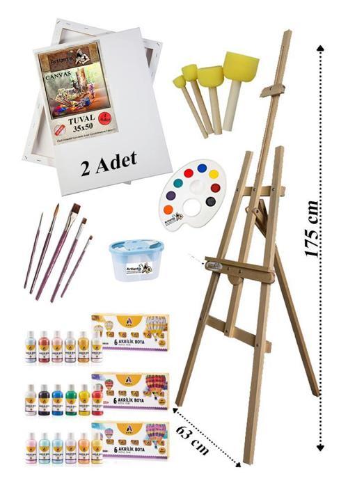 Akrilik Boya Resim Seti Adel 18 Renk Akrilik Boya Şövalye 2 Tuval 35x50 Fırça Spatula Palet Şövale