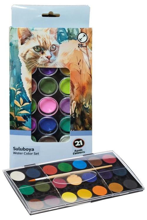 21 Renk Sulu Boya 1 Paket Fırça Hediyeli 21 li Suluboya Canlı Renkler 28 mm Boya Çapı Büyük Boy Brons