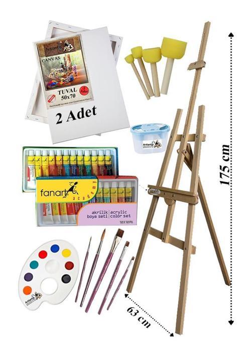 Akrilik Boya Resim Seti Fanart 12 Renk Akrilik Boya Şövalye 2 Tuval 50x70 Fırça Spatula Palet Şövale