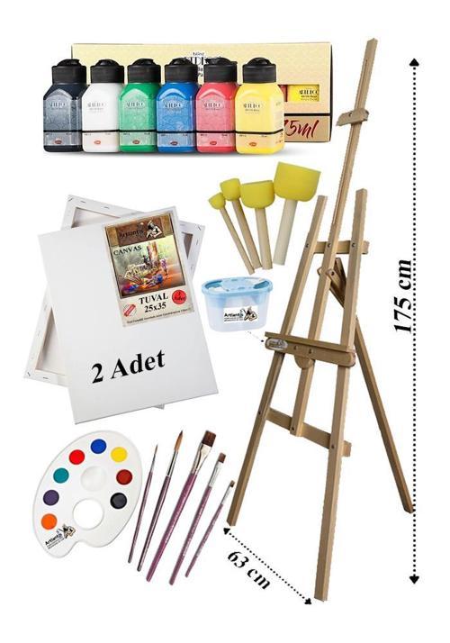Akrilik Boya Resim Seti Artdeco 6 Ana Renk 75 ml Akrilik Boya Şövalye 2 Tuval 25x35 Fırça Spatula Şövale